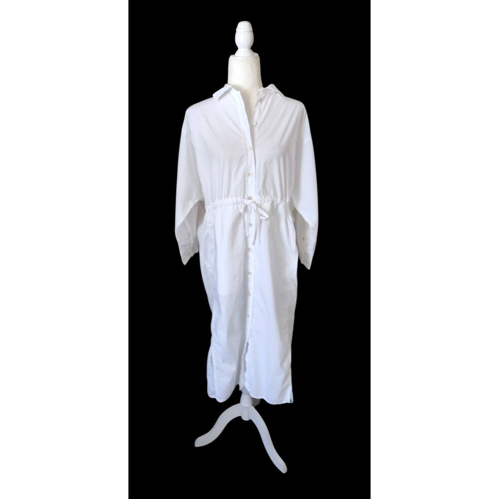 White Button-Front Drawstring Waist Shirt Dress